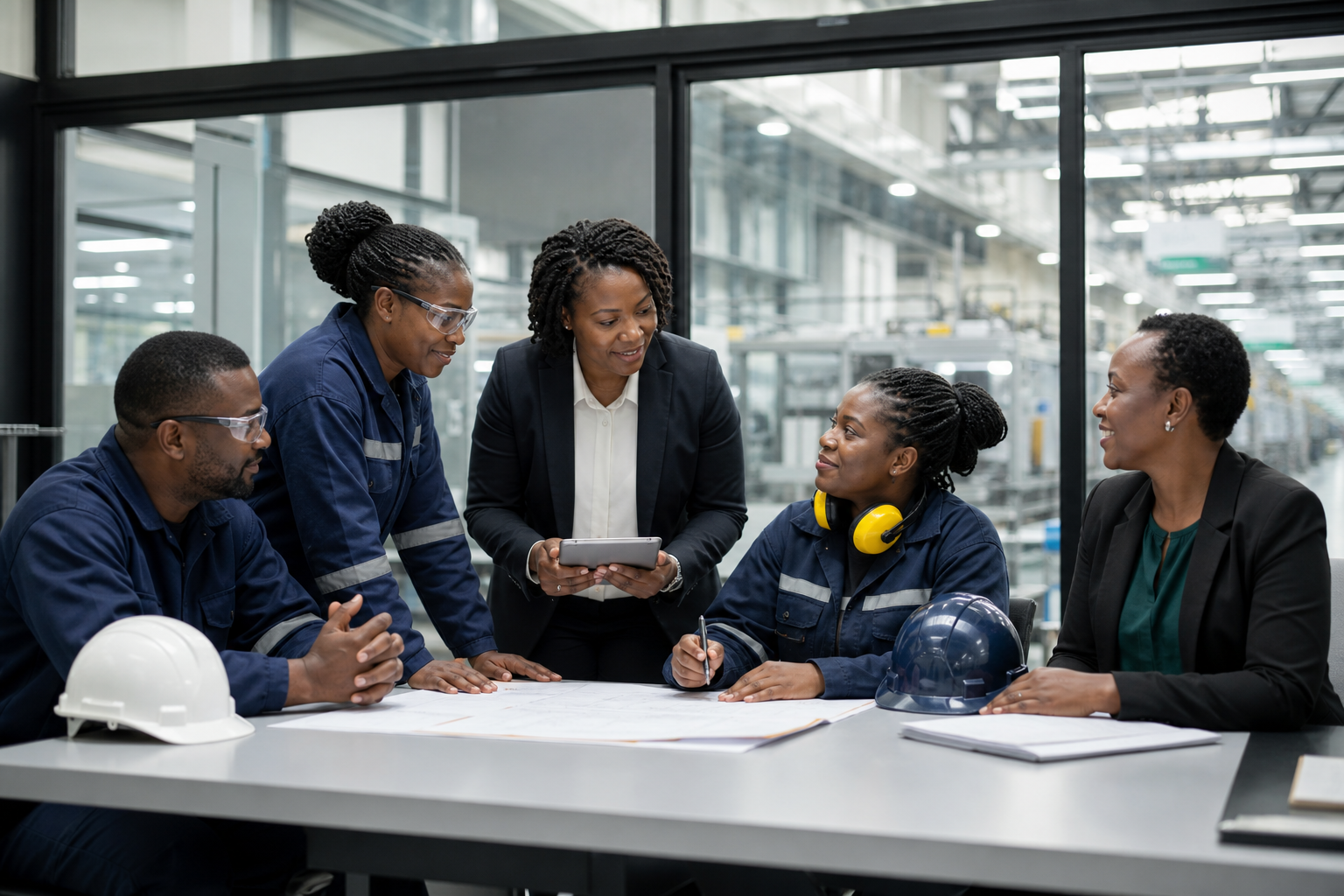 Personnel industriel et cadres noirs collaborant autour d’un projet